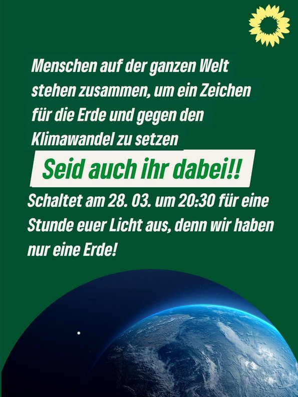 Menschen auf der ganzen Welt stehen zusammen, um ein Zeichen für die Erde und gegen den Klimawandel zu setzen. Seid auch ihr dabei!! Schaltet am 28.03. um 20:30 Uhr für eine Stunde euer Licht aus, denn wir haben nur eine Erde! 