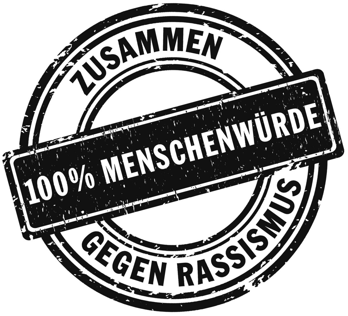 Stempel mit dem Text: "100% Menschenwürde, Zusammen gegen Rassismus"