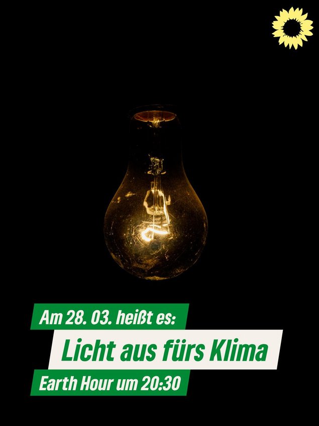 Eine gedimmte Glühbirne vor schwarzem Hintergrund. Text: Am 28.03. heißt es Licht aus fürs klima Earth Hour um 20:30